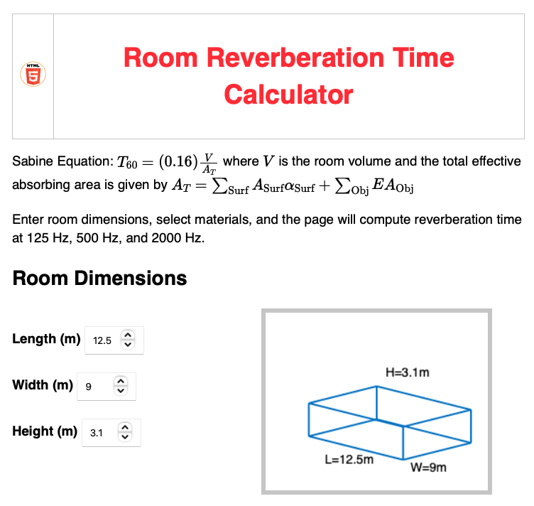 Picture of room reverberation time calculator applet