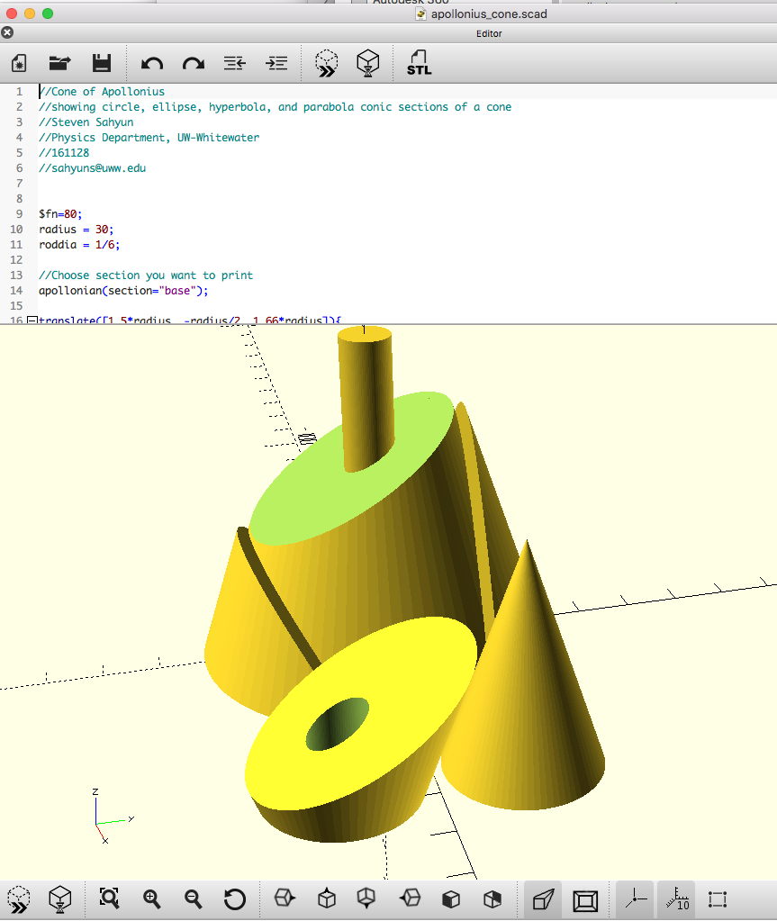 Picture of Apollonius Cone in OpenSCAD screen.