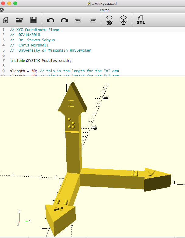 Picture of a coordinate axes OpenSCAD screen.